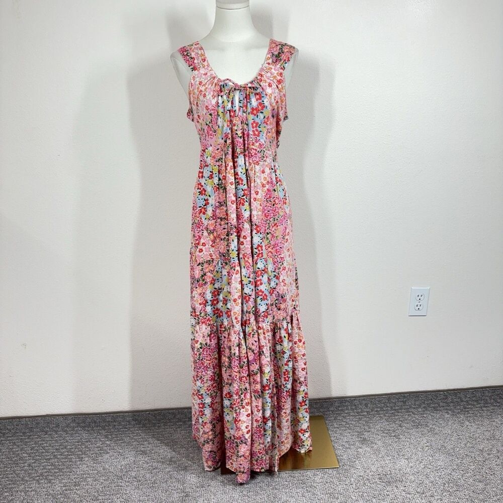 Angie Dress Womens XL Pink Floral Maxi Sundress Cut Out Boho Patchwork Cottage